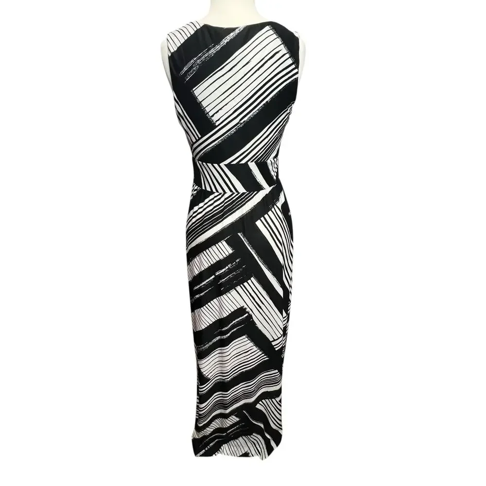 Soma Maxi Dress Womens S Black White Geometric Striped Empire Waist Soft Comfort